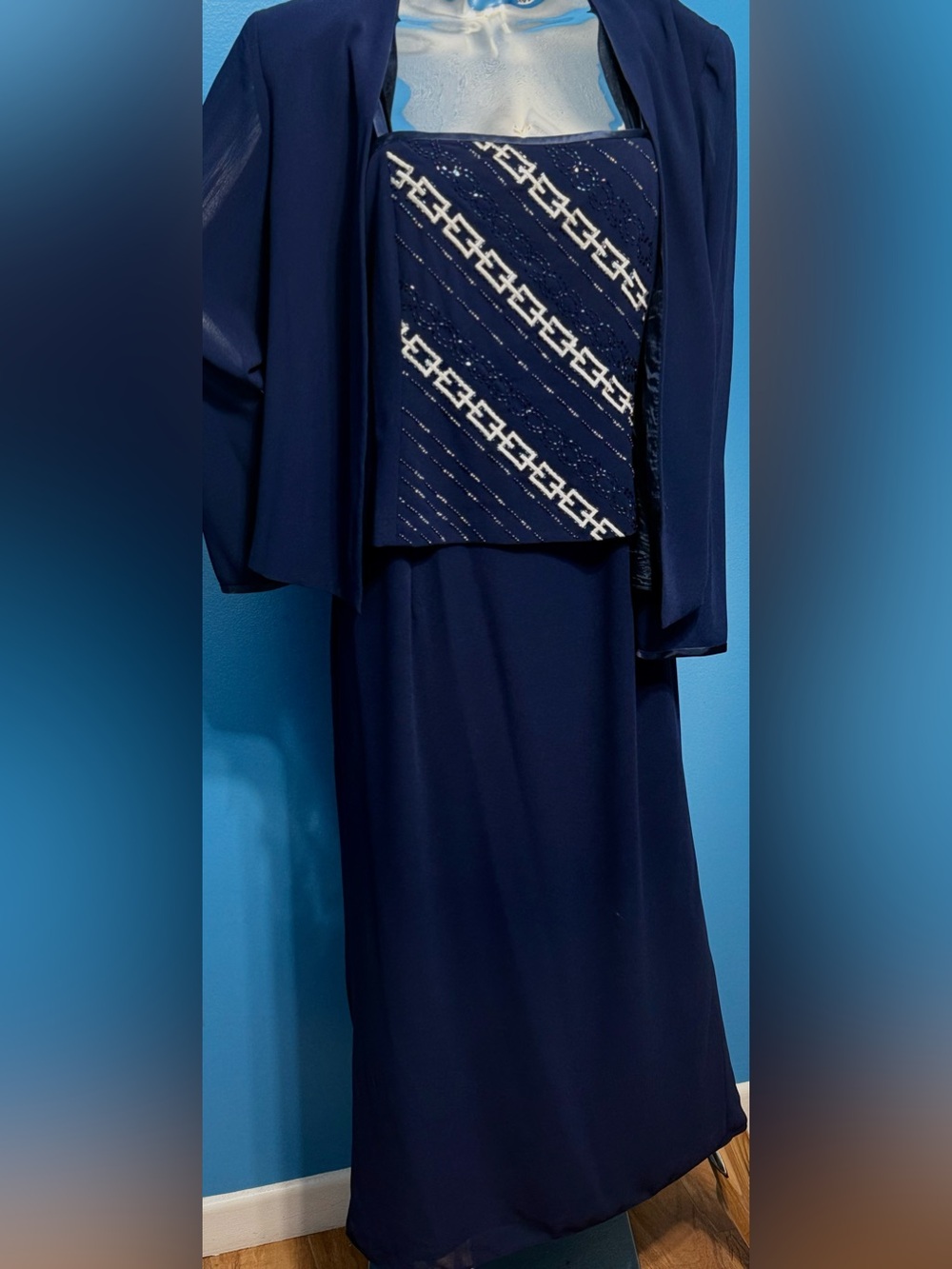 R&M Richards Navy Beaded Evening Gown 2pc